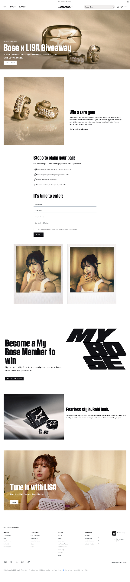 Bose x LISA Crystal Edition giveaway page.