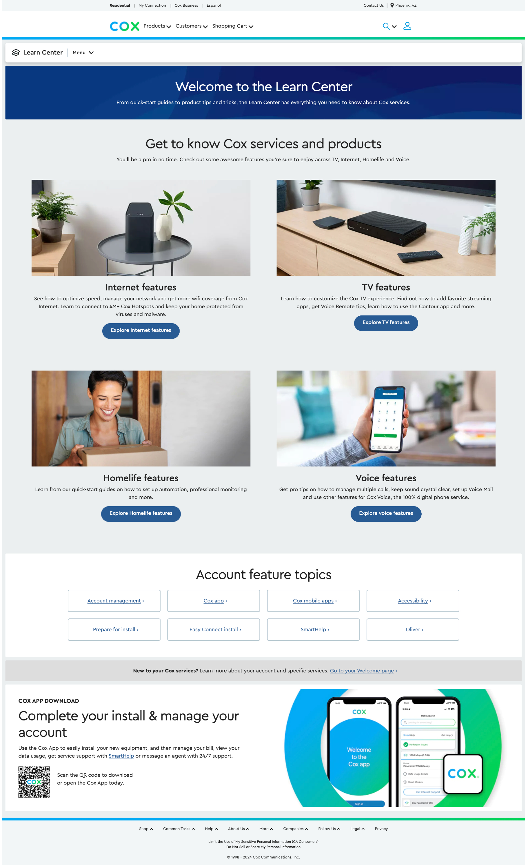 The legacy Cox residential learn page — dense, cluttered, and visually overwhelming.