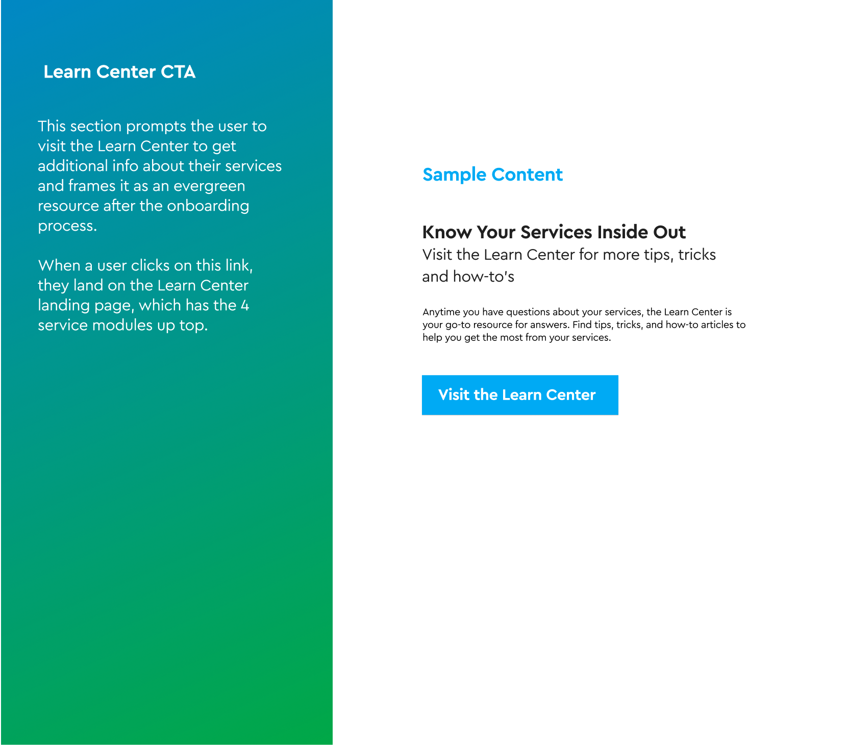Content strategy slide — Learn Center.
